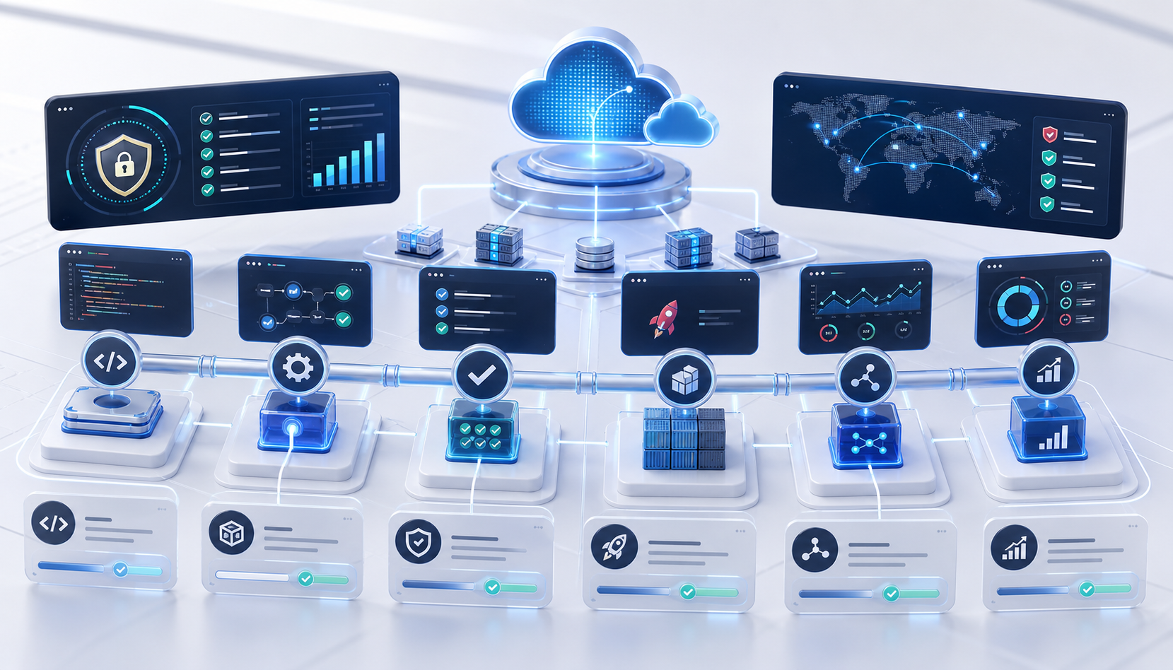 Cloud and DevOps architecture pipeline with deployment and reliability indicators