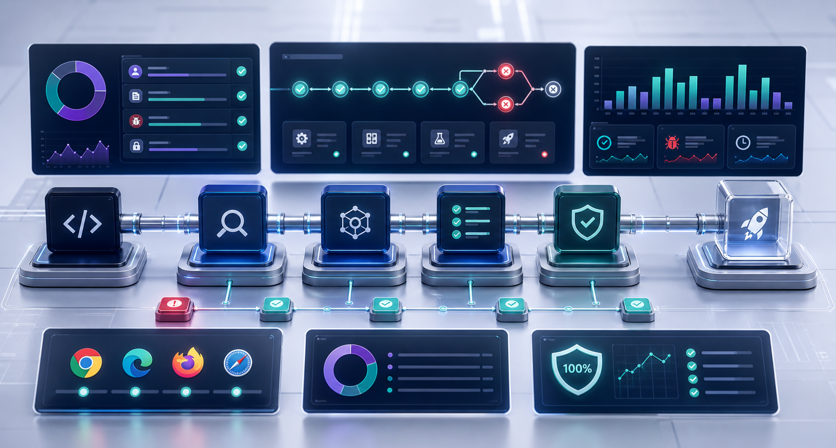 QA engineering modernization dashboard with automated test pipeline and quality gates