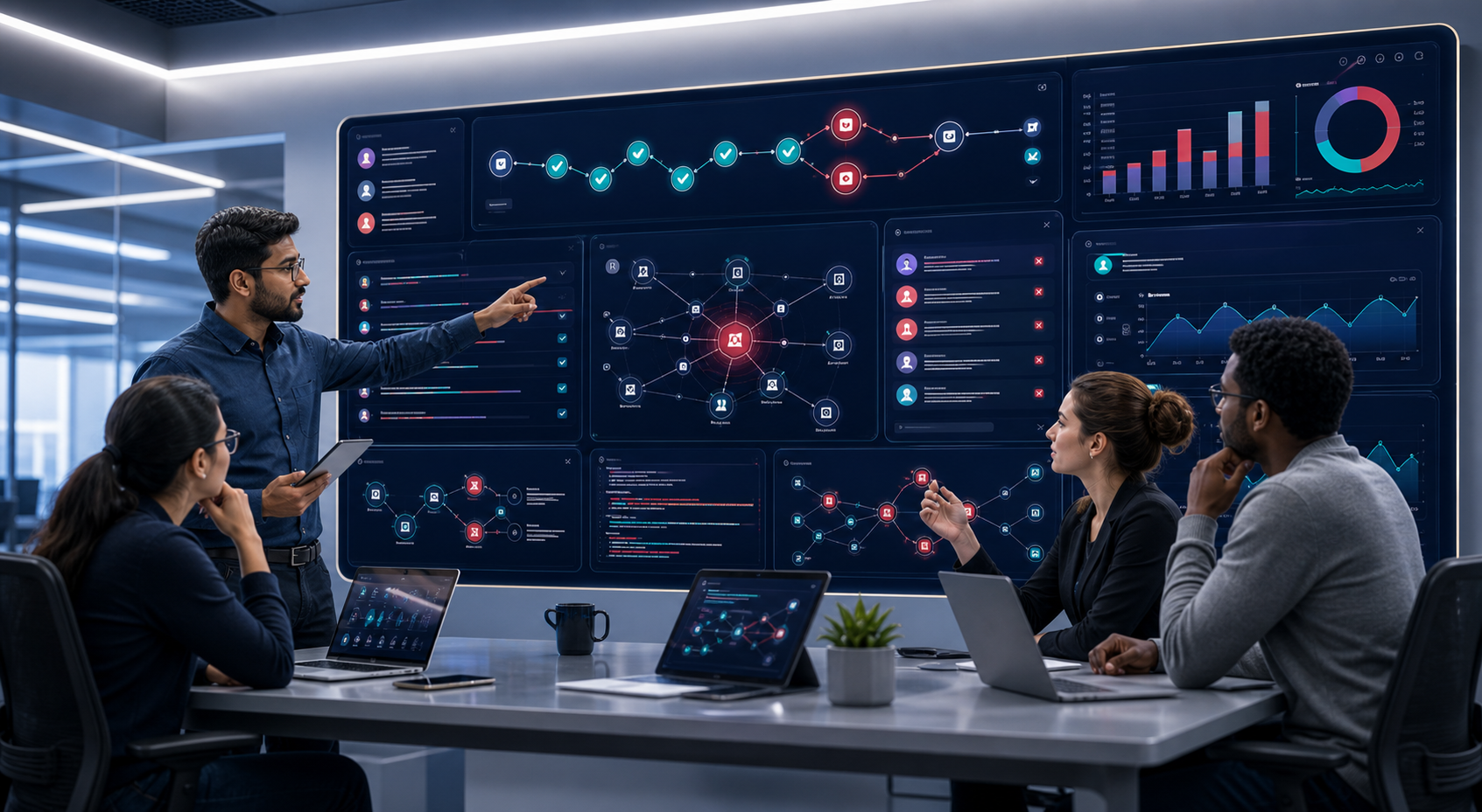 Professional software quality team collaborating around QA Platform dashboards and CI/CD workflow signals