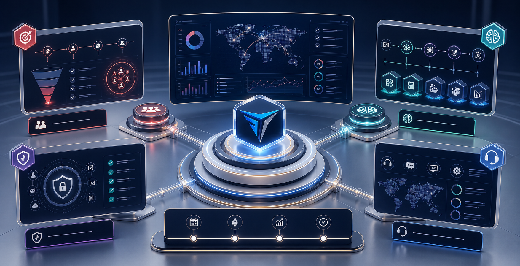 Enterprise operating model for strategy, AI implementation, security governance, and long-term support